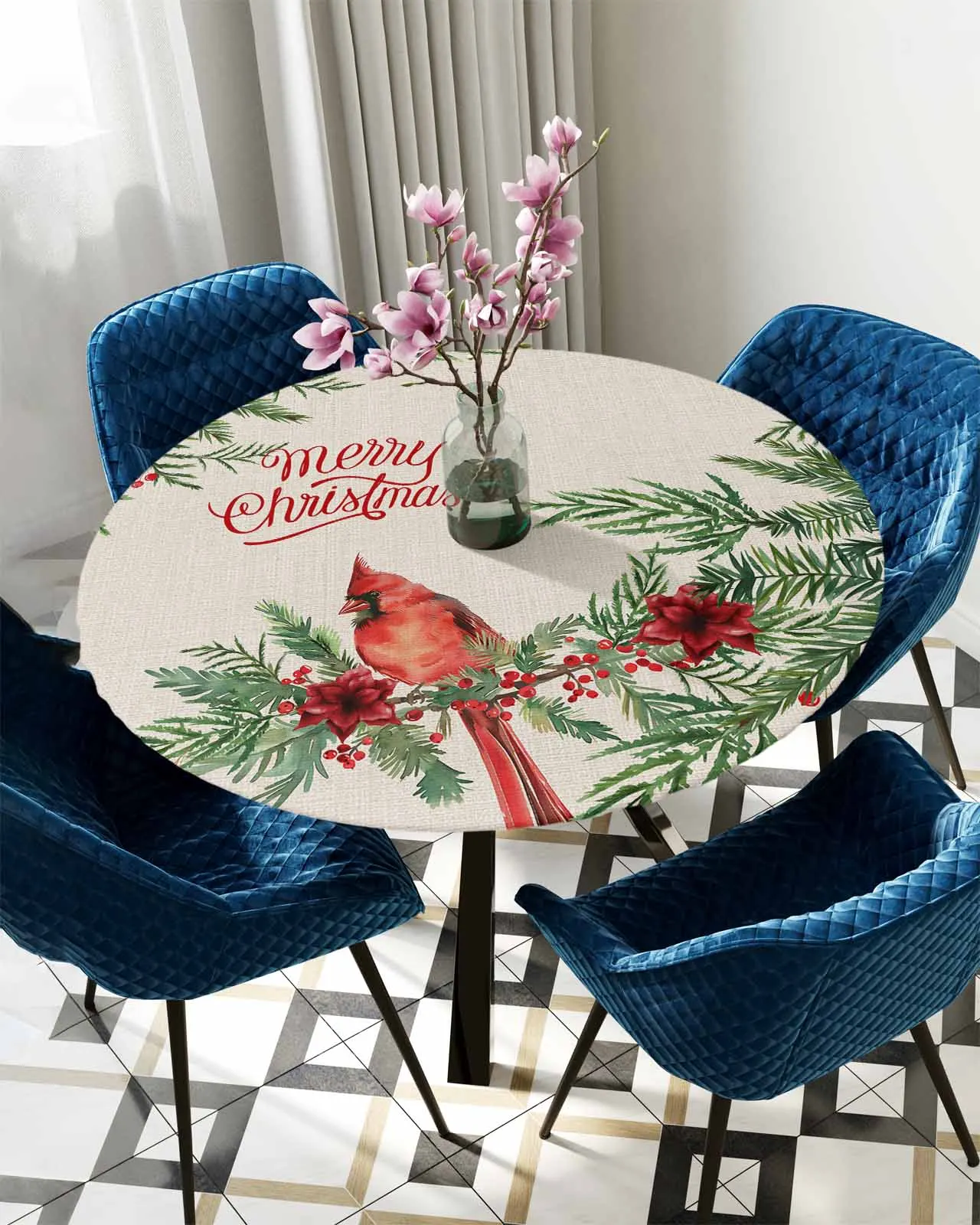 

Christmas Berry Plants Cardinals Round Elastic Edged Table Cover Protector Cloth Waterproof Fitted Tablecloth