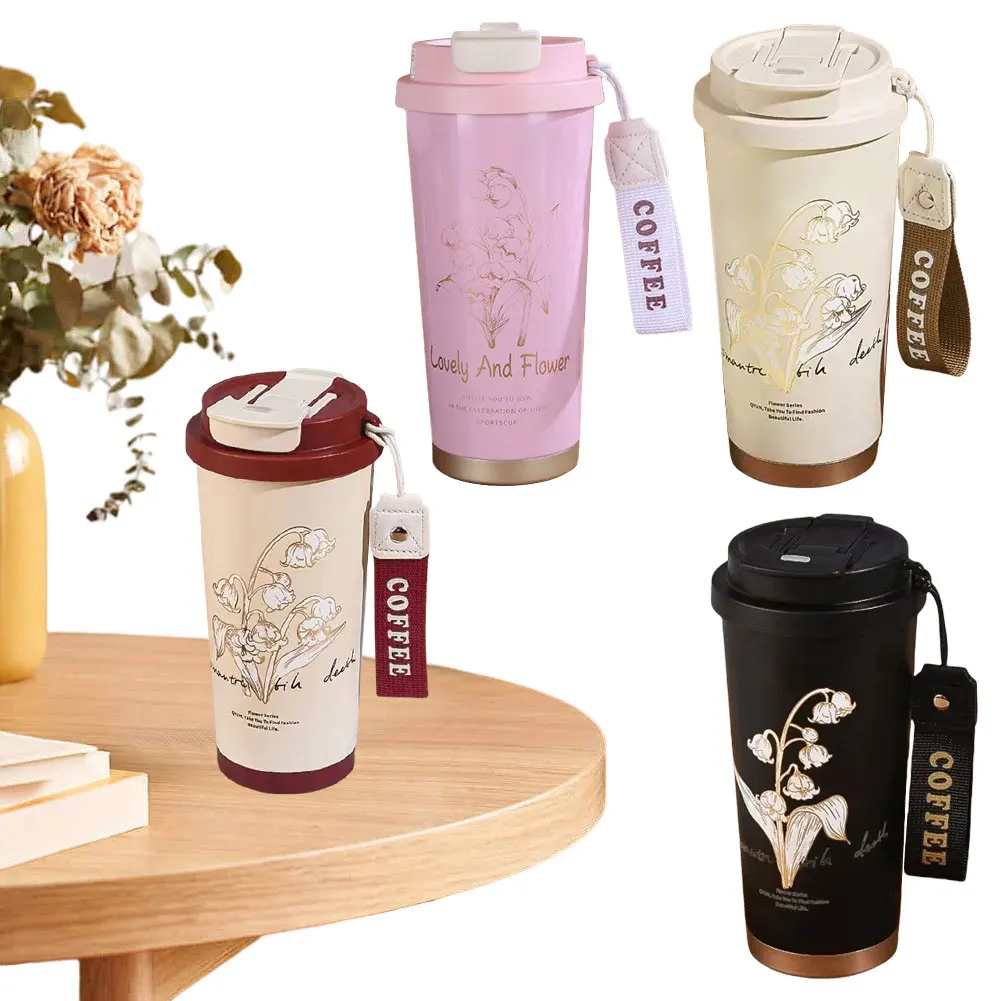 500ml Kawaii Flower Coffee Tumbler with Straw Thermal Coffee Car Cup Stainless Steel Thermal Water Tumbler Cup for Women Men