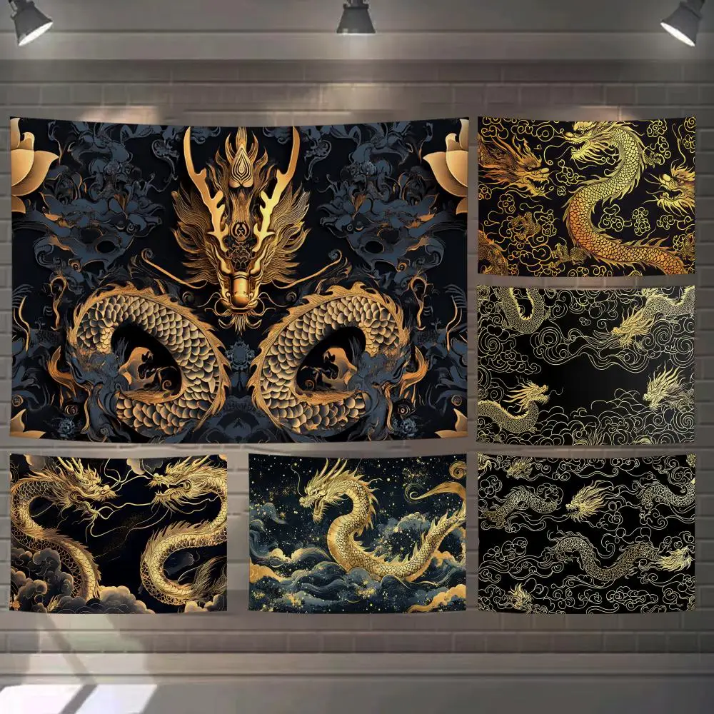 Black Gold Dragon Art Tapestry Custom Living Bedroom Party Dormitory Interior Wall Bohemian Decoration Attached Clip