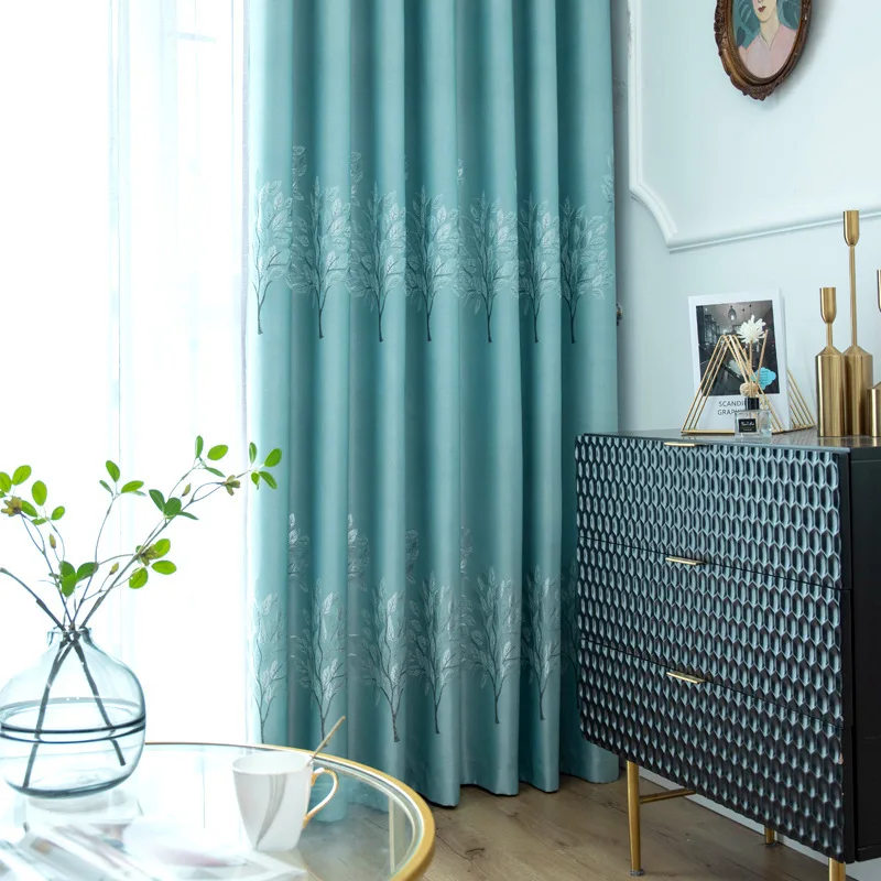 New Chinese Jacquard Pattern Window Curtain Clean Lake Blue Versatile Living Room Curtain Exquisite Tree Branches Leaves Texture