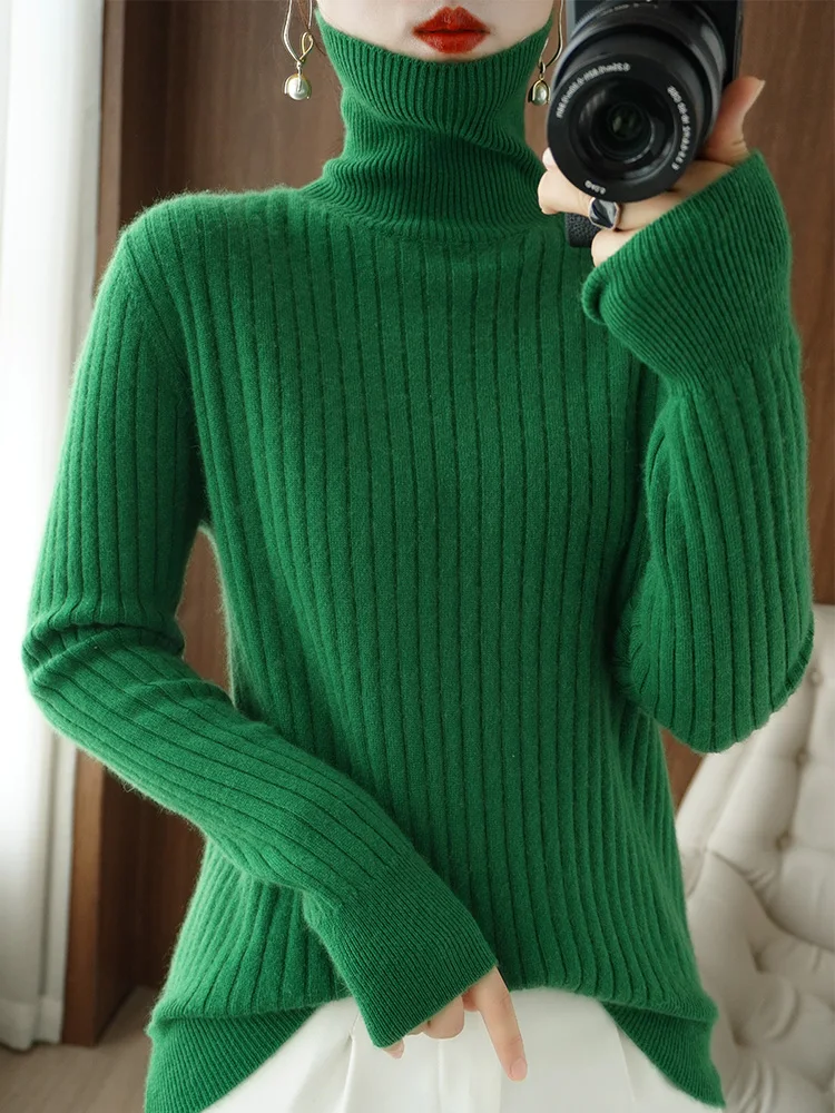 Autumn Winter Women Fine Wool Sweater Turltlneck Vertical Strip Pullover Long Sleeve Knitwear Thickening Clothing Bottoming Tops