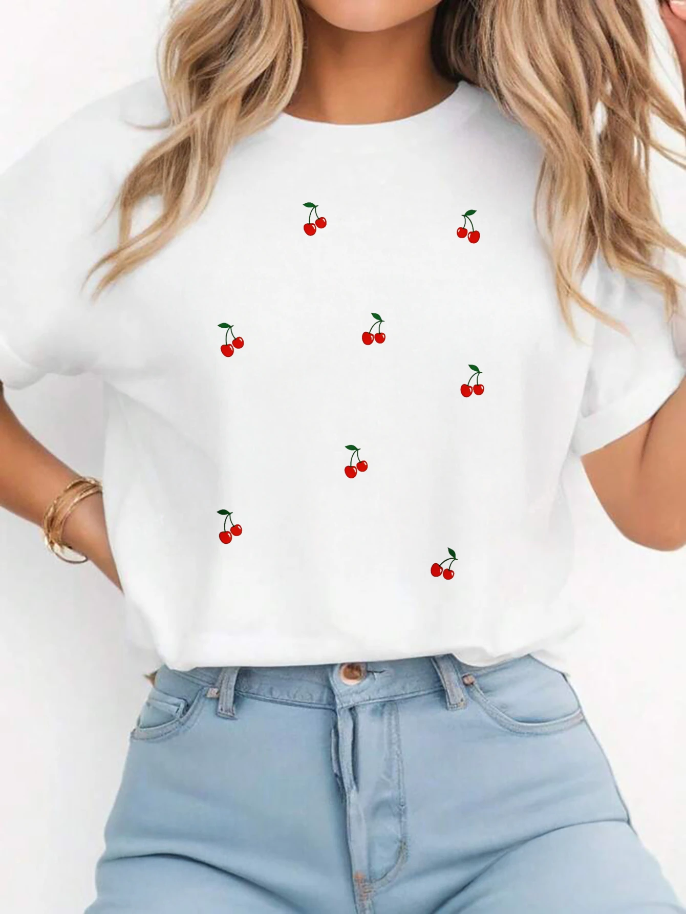White Cherry Print Casual Women's Fashion T Shirt for Casual Attire Summer Fashion Harajuku Kawaii T-shirt Women's Y2K Clothing