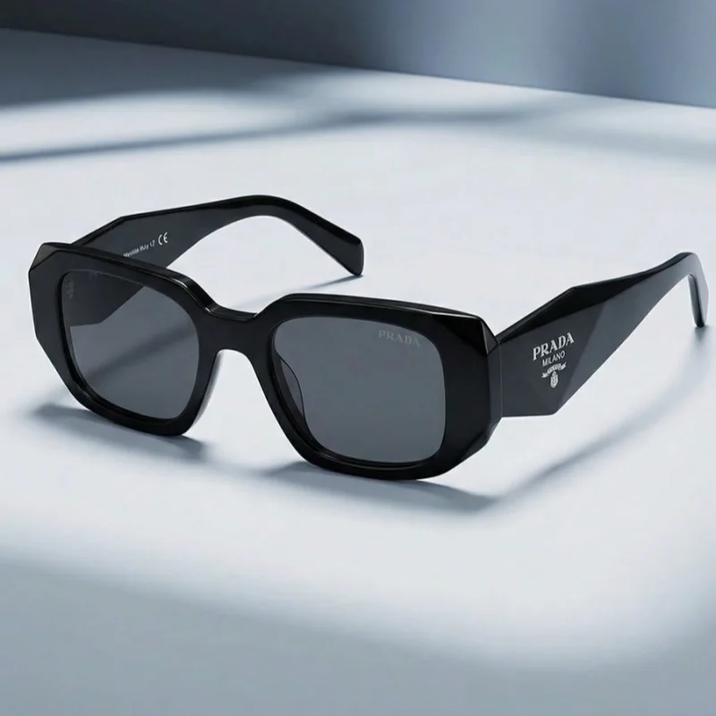 PRADA 0PR 17WSF 1AB5S0 Black Acetate Rectangular Sunglasses Dark Grey Lenses Triangle Logo Designer Eyewear for Women and Men