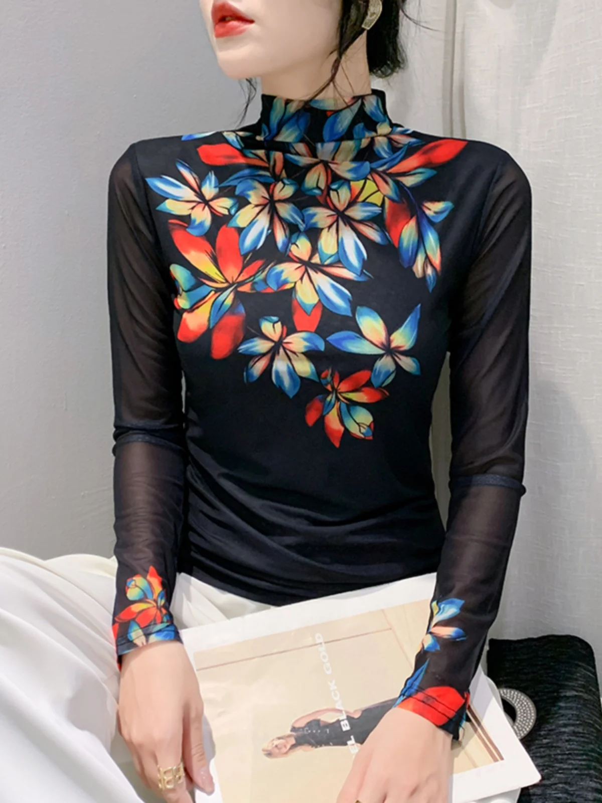 Half Turtleneck Base Top Women Autumn Winter Slim Printed Floral Mesh T-shirts Female Full Sleeve Tees FF0857