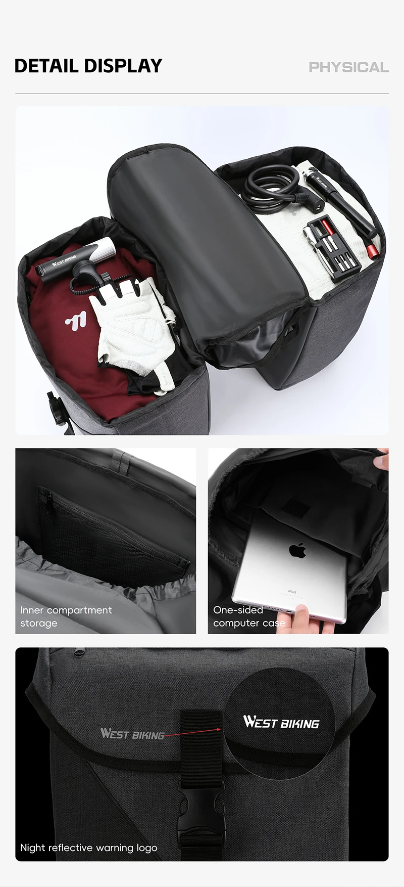 WEST BIKING Doppelseitige Fahrrad-Gepäckträgertasche 32L Wasserdichte Fahrradtasche für Langstreckenfahrten MTB Gepäckträger Fahrradzubehör – Detail 4