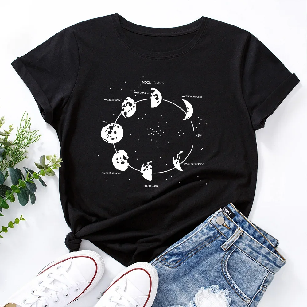 JFUNCY Oversize Women's Tops Funny Moon Print Graphic Tshirt Female Shirts Summer Casual Short Sleeve Basic Tee Cotton T-shirt