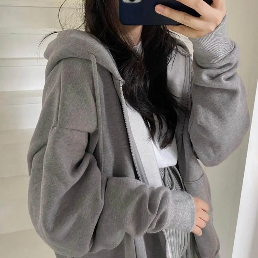 Loose Fit Hooded Coat Stylish Women's Winter Coat Zipper Closure Thick Hood Drawstring Pockets Stay Warm Fashionable Solid Color