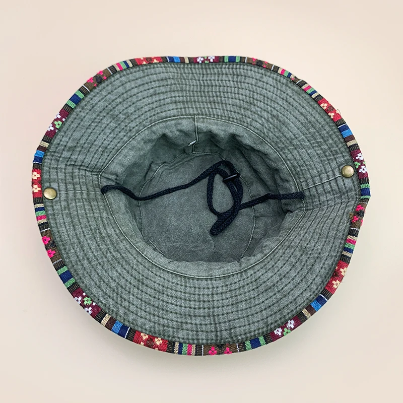 Ethnic Style Travel Bucket Hat Drawstring New Unisex Retro Sunshade Outdoor Breathable Niche Versatile Casual Fashion Alpine Cap