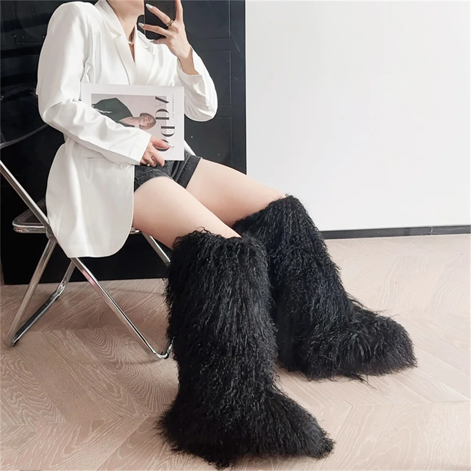 2024 Real Mongolian Fur Noots Wool Boots Warm SnowBoot Fur Wool Knee High Boots Purple/pink Fashion Winter Shoes