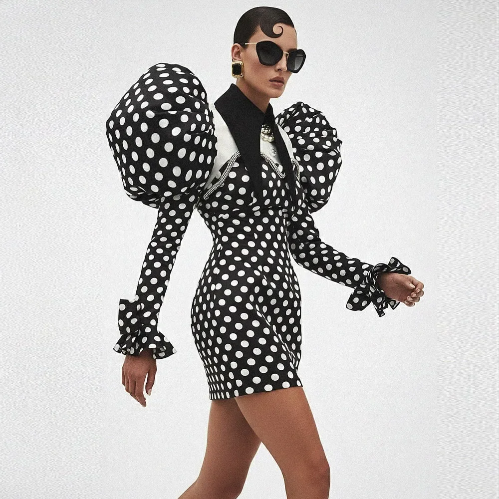 

Striking Black White Polka Dot Mini Dress Puff Sleeve Bodycon Party Gown Retro Ruffle Cuff Formal Evening Dress For Women