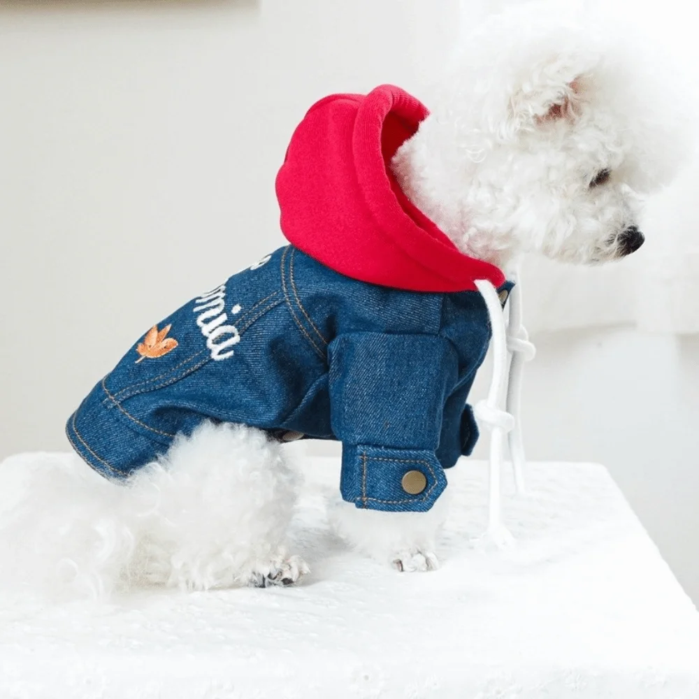 

Handsome Letter Embroider Pet Denim Hoodie Windproof Comfortable Dog Coats with Drawstring Pet Cowboy Outfit Spring Autumn