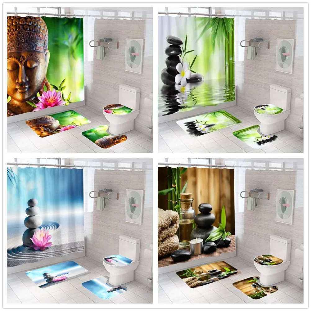 Spa Zen Buddha Statue Shower Curtain Luxury Green Bamboo Flower Fabric Waterproof Massage Stone Orchid Bathroom Curtain Rugs Set