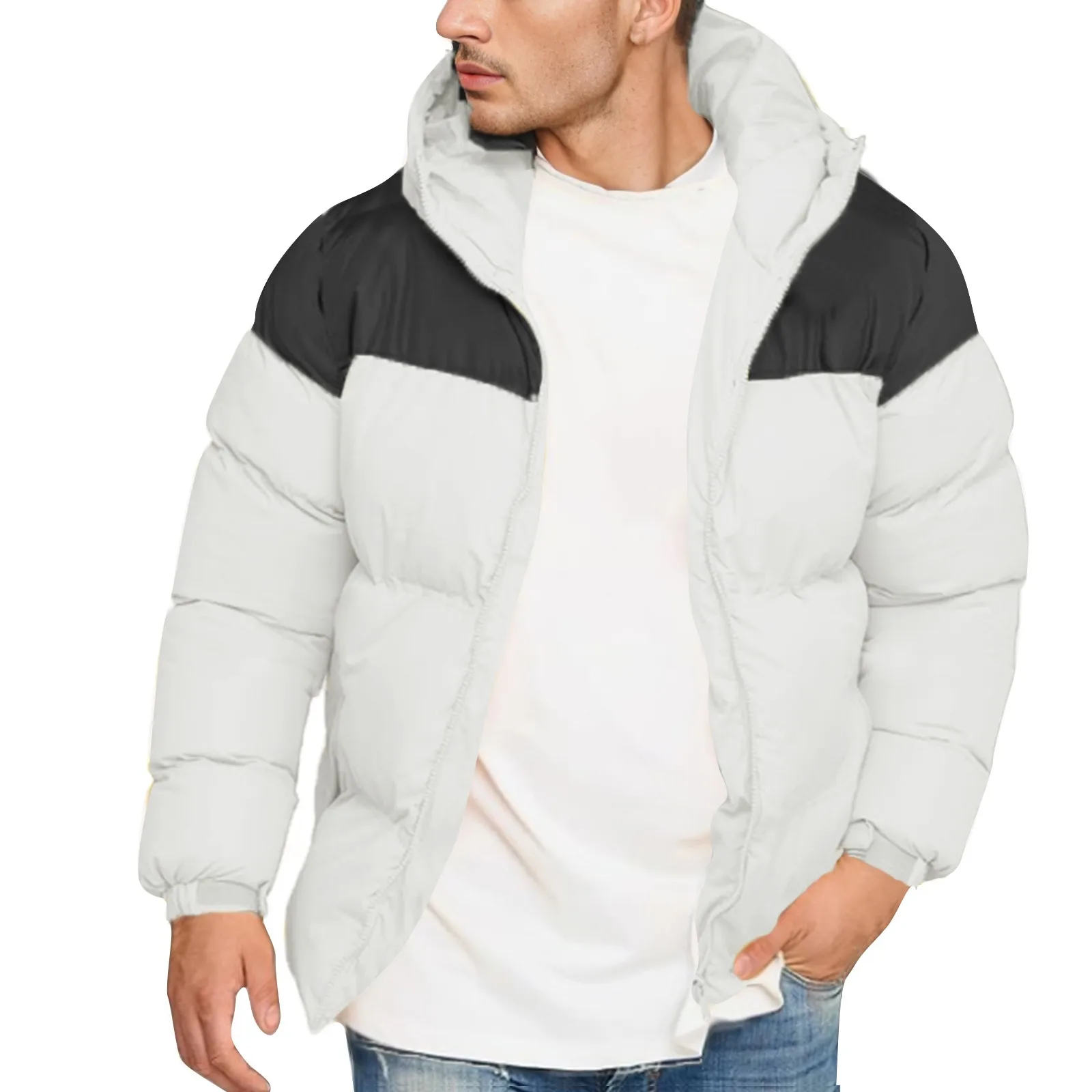 Mens Padded Jacket Autumn Winter Thick Cotton Zippers Hooded Coat Simple Color Block Puffer Parkas Casual Outdoor Male Outwears