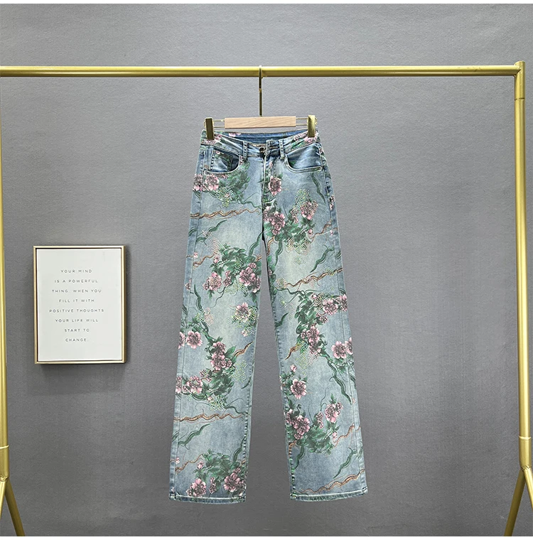 

Mopping Floor Hot Drilling Floral Long Denim Trousers 2024 New Spring Loose Print Wide Leg Pants Streetwear Cotton Elastic Jeans