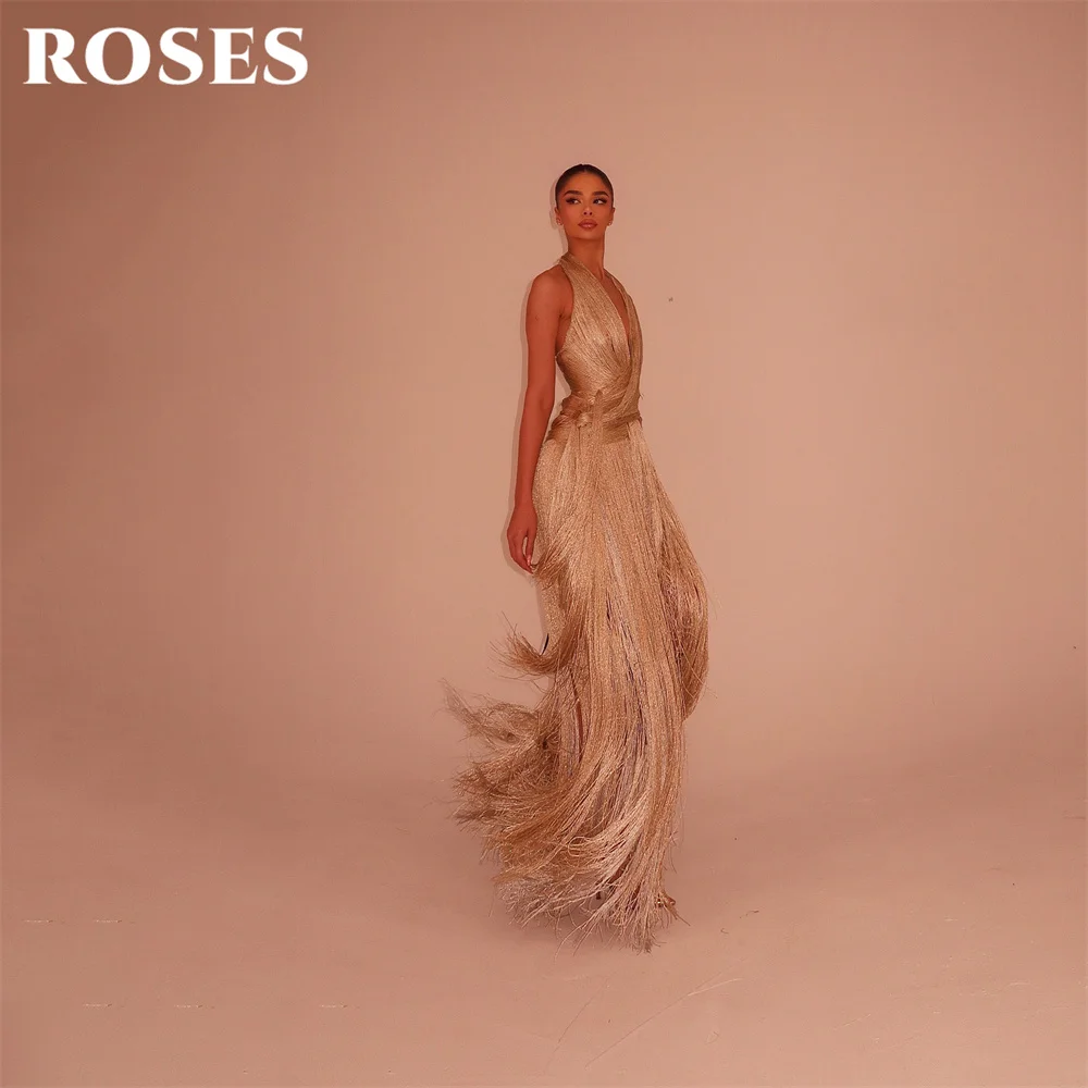 ROSES Champagne Party Dresses Halter Neck Sleeveless Evening Dresses with Tassel A Line فساتين السهرة for Wedding Customized - view 2