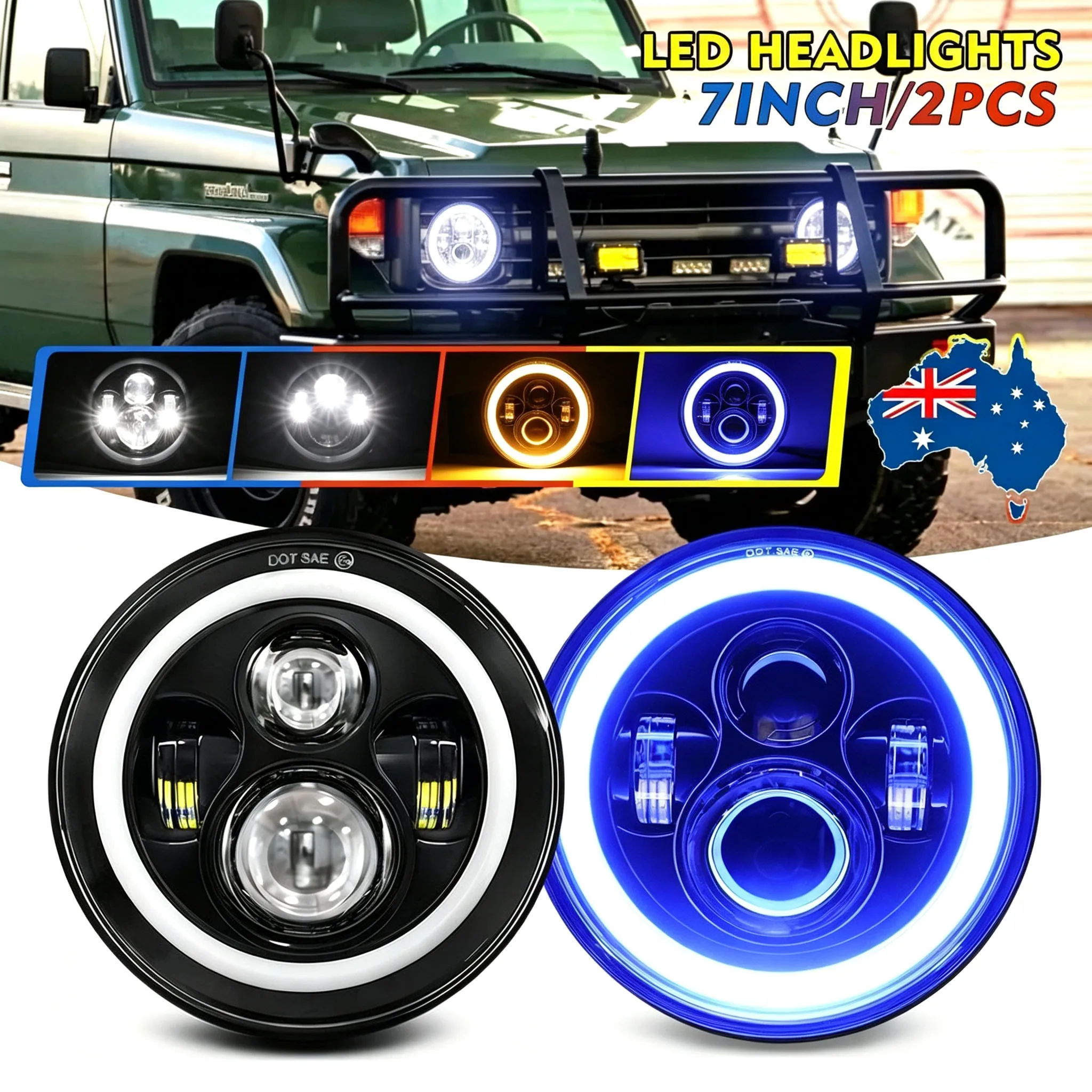 1 Pair 7 Inch Round LED Headlights Blue Halo Ring White DRL Amber Turn Signal Lamp with H4 H13 Adapters for Jeep Wrangler JK TJ