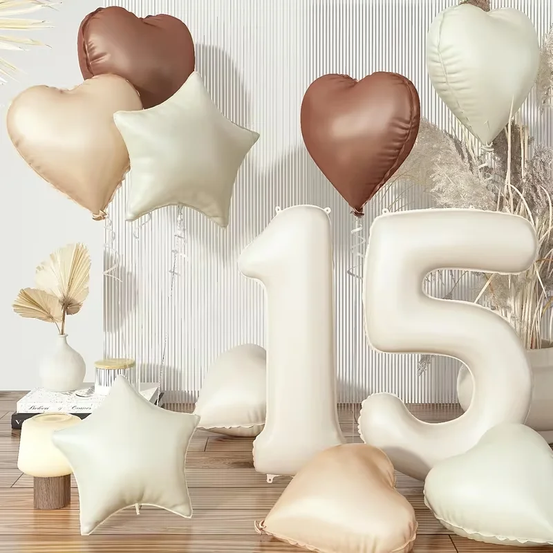 40 Zoll Creme-Farbene Zahlenballons 18 Zoll Creme-Braune Herz- und Sternförmige Folienballons für 1. Geburtstag und Babyparty-Dekoration – Detail 4