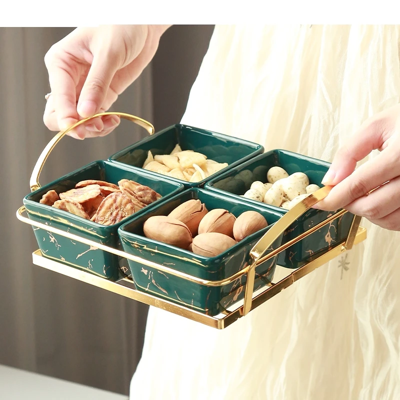 European-style Marble Snack Platter Ceramic Dried Fruit Tray Storage Box Metal Shelf Household Snacks Candy Home