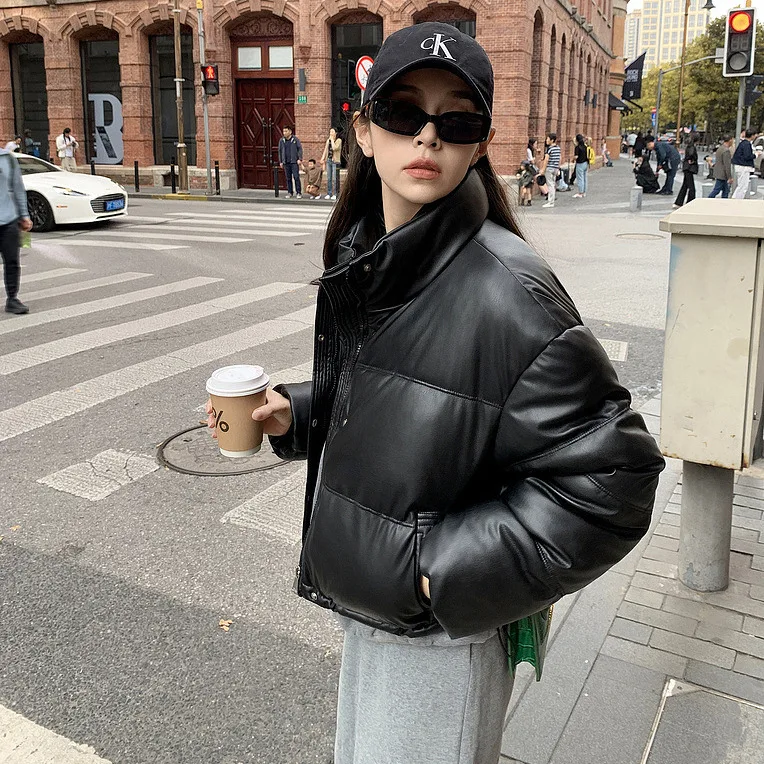 Women PU Leather Parkas Coats Short Overcoat Solid Stand Collar Zipper Long Sleeve Straight Thick Casual Office Lady Winter 2025