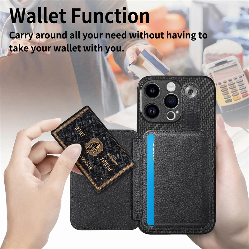 Wallet Magnetic Carbon Fibre Case for iPhone 15 Pro Max 14 Plus 11 Pro 12 Mini 13 Pro Max Kickstand Shell With Tool Card Knife