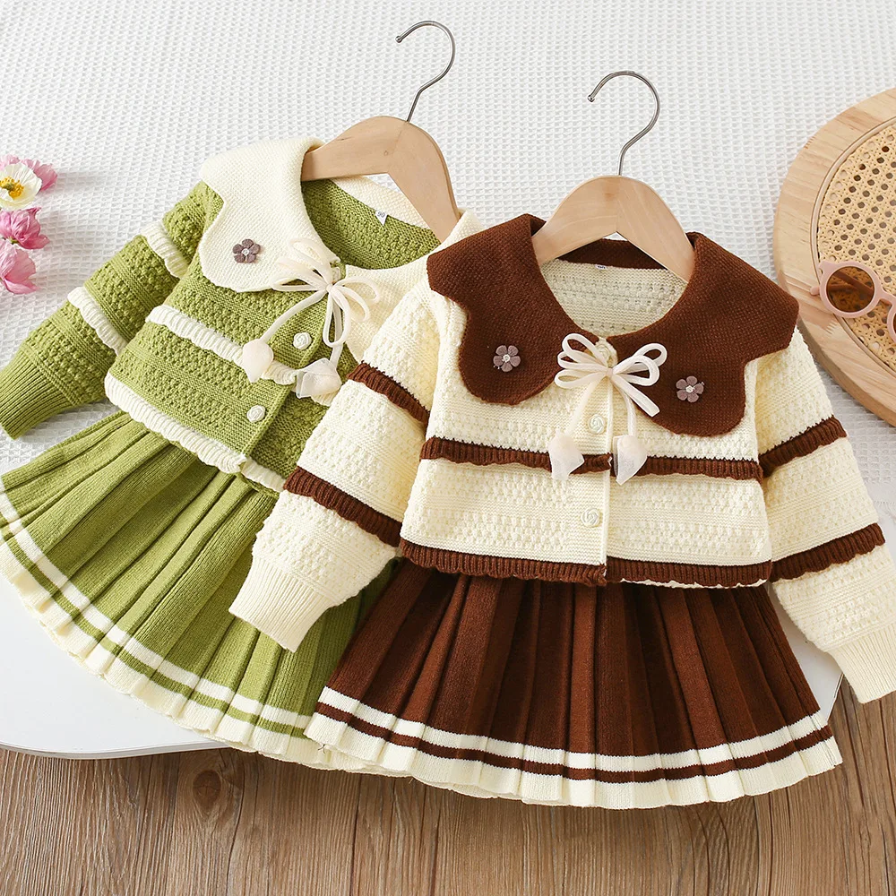 

MILANCEL Autumn Kids Sweater Set 9M-5T Sweet Flower Girls Baby Knitted Cardigan + Short Skirt Color Blocked Korean Children Outf