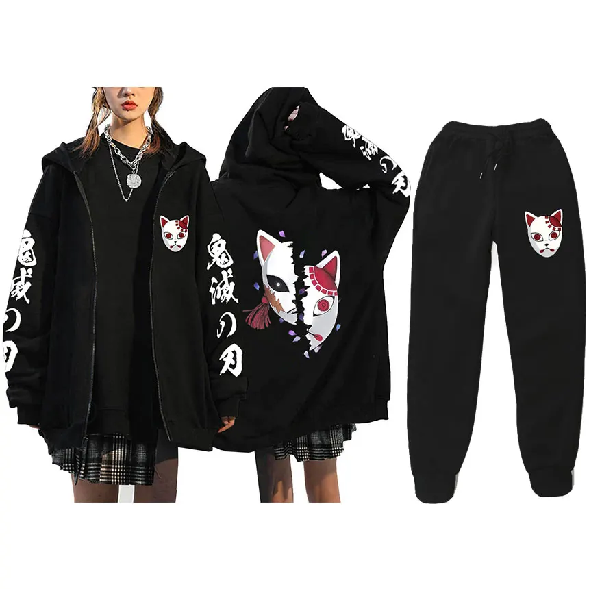 Demon Slayer Zip Per Hoodies Sets Coat Pants Women Men Fashion Anime Zipper Sweat Femme Streetwear Jackets Trousers S-3XL