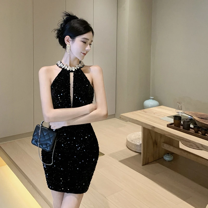 KUSAHIKI Fashion Beads Sleeveless Party Slim Mini Dress Korean Autumn New Halter Hollow-out Dresses 2023 New Spicy Girl Vestidos