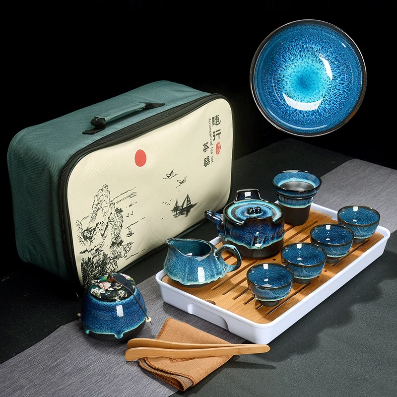 Imagem -03 - Jingdezhen Bule Portátil Jogo de Chá Chinês Blue Amber Glaze Requintada Cerâmica Gaiwan Copos Temmoku Kung fu Cup