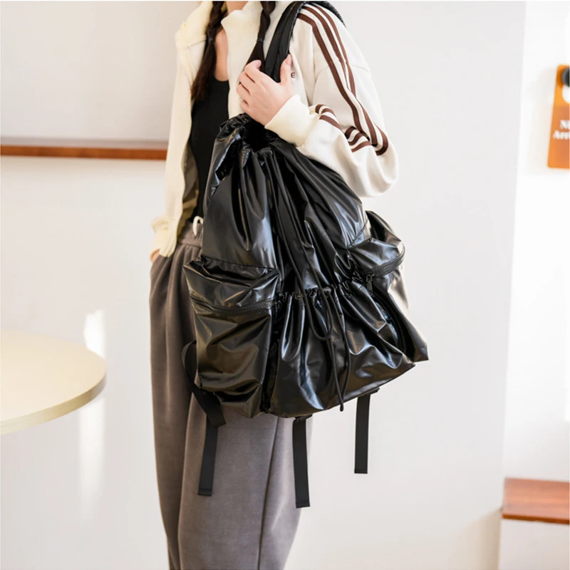 

Japanese style casual literary canvas backpack ins fashion pleated nylon schoolbag net red small fresh drawstring backpack