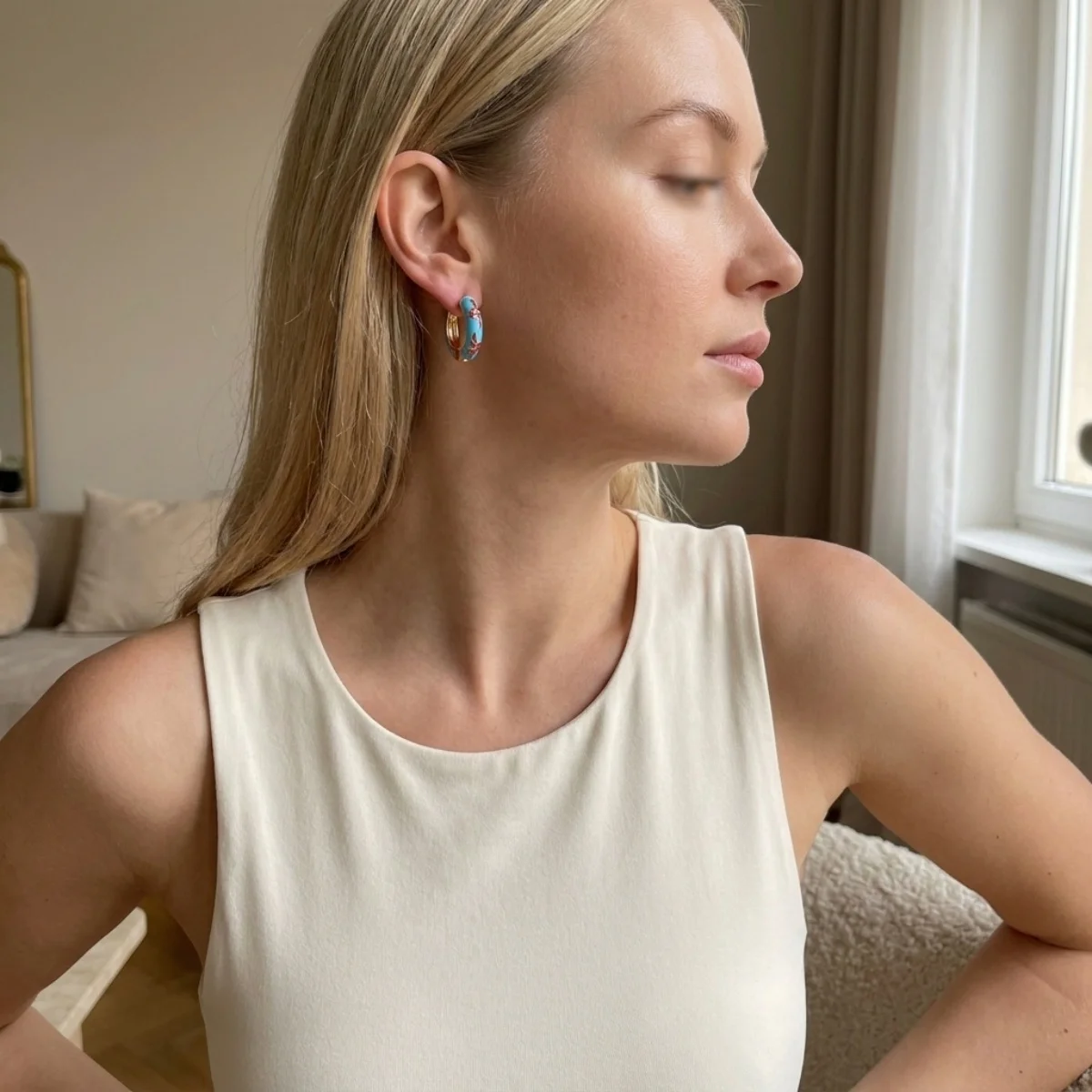 Süße bunte Emaille-Gänseblümchen-Ohrstecker für Damen und Herren, elegante geometrische Creolen mit Gittermuster, Schmuck – Detail 20