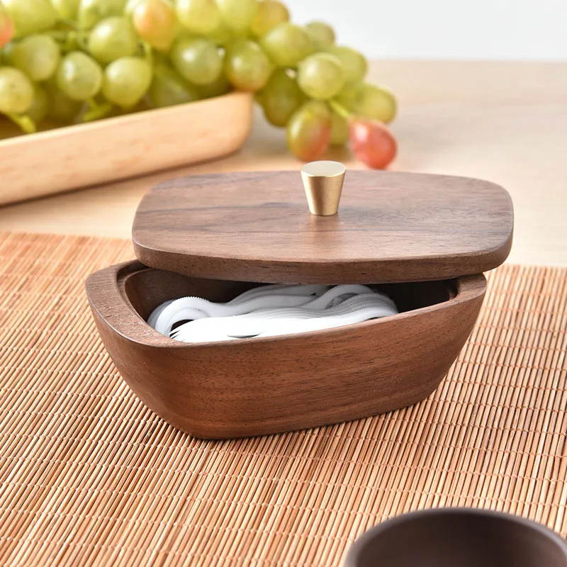 Dental Floss Storage Box Walnut Wood Multi Functional Tabletop Organizer Toothpicks Cotton Swabs Luxury Brass Knob Home Decor