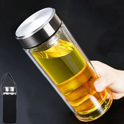 Large Capacity 1000ml Glass Water Bottle Double-layer Glass Heat-resistant Water Cup with Tea Drain Filter Outdoor Kettle