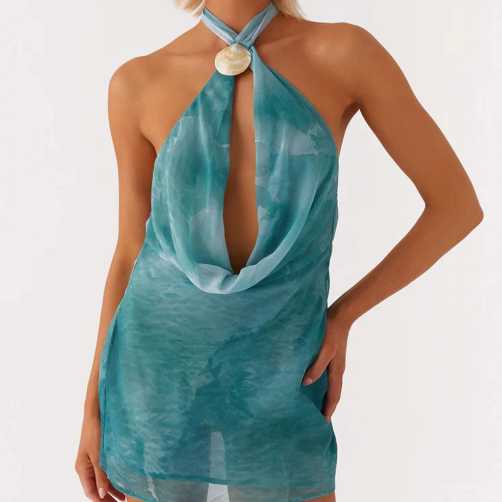 Strand Dames Halterneck Backless Mini-jurk Sexy Stijlvolle Tie Dye Decoratieve Shell Mouwloze Col Jurk