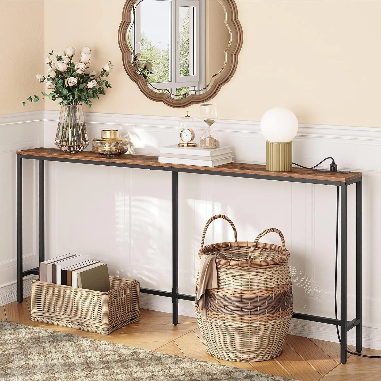 

Console Table With Power Outlet, 70.9"" Narrow Sofa Table, Industrial Entryway Table With Usb Ports, Behind Couch For Entryway,