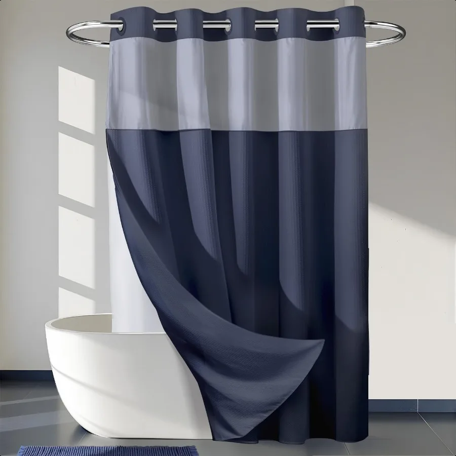 

Heavyweight Navy Blue No Hooks Required Dotted Waffle Weave Shower Curtain with Snap in Liner 71W x 74HHotel Grade Spa Like Bat