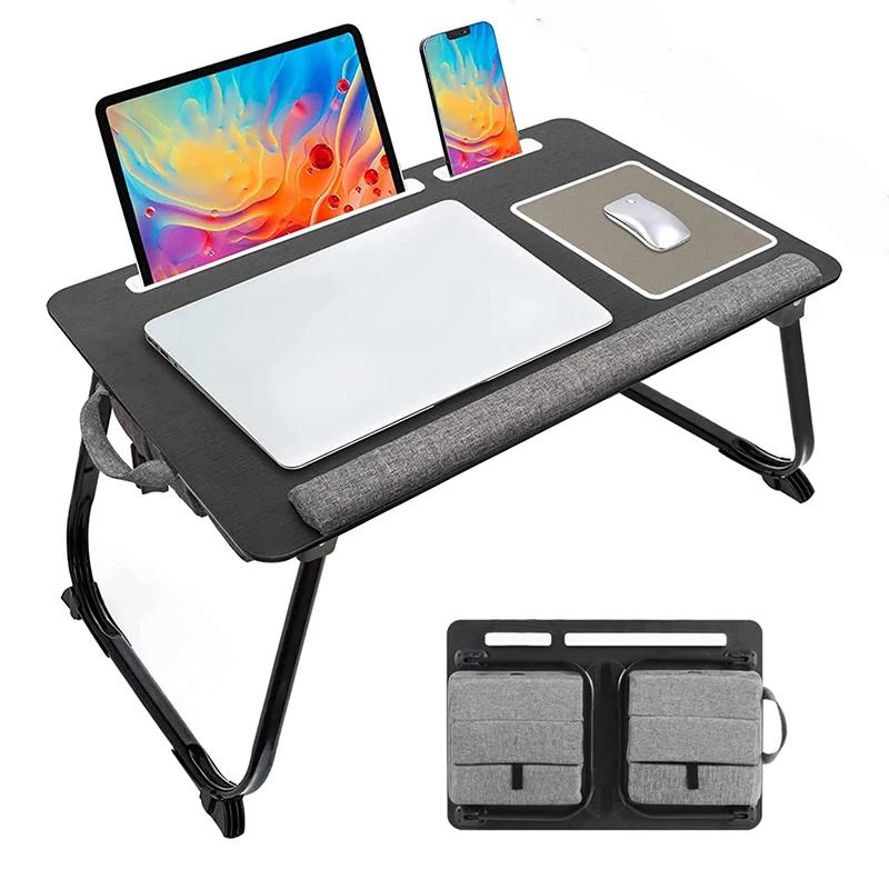 MUMUCC Portable Bed Table For Laptop Folding With Foldable Cushion,Handle,Slot And Mouse Pad, Wooden Gaming Desk