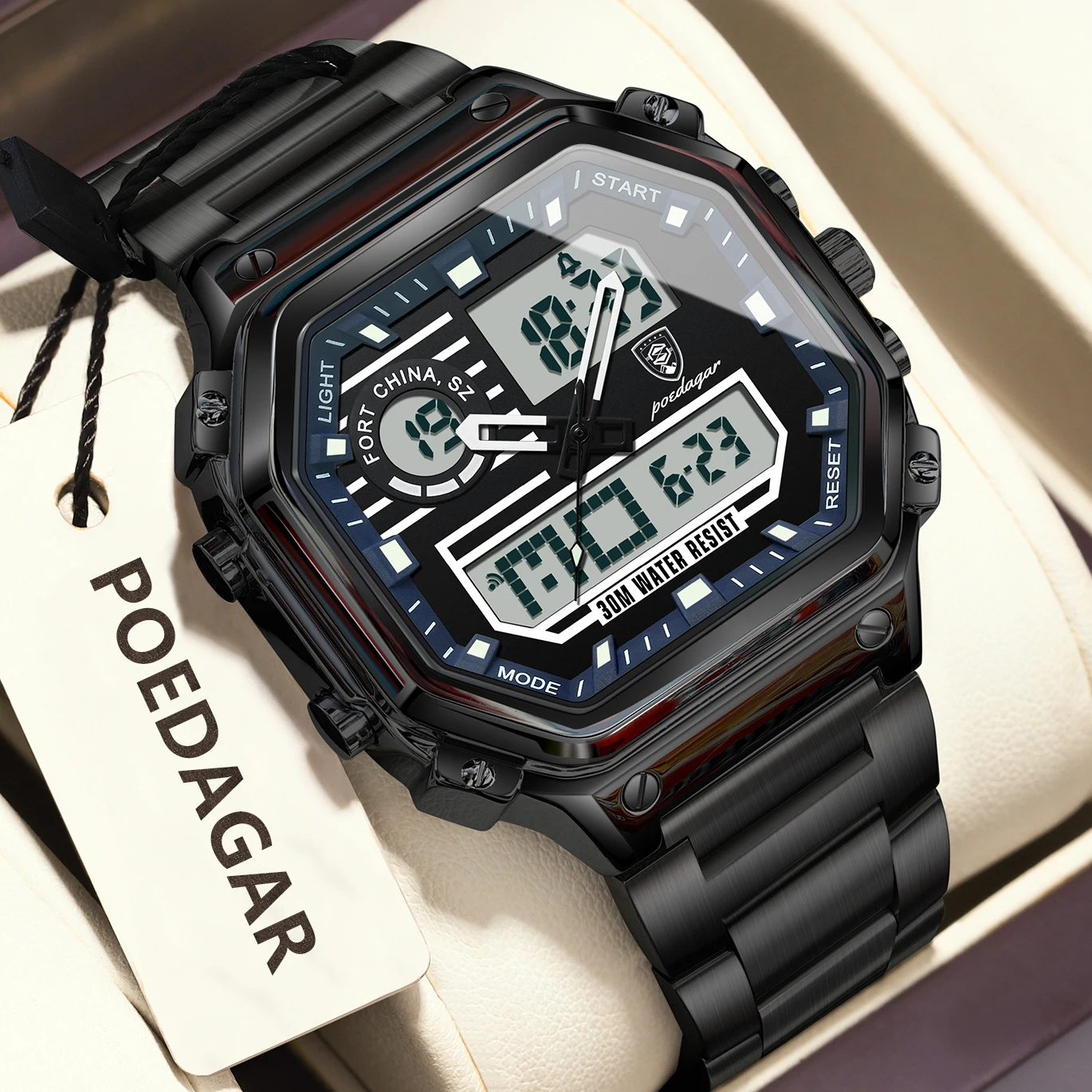 POEDAGAR Luxury Electronic Men Wristwatch Stainless Steel Waterproof Luminous LED Man Watch Week Date Sport Men's Quartz Watches
