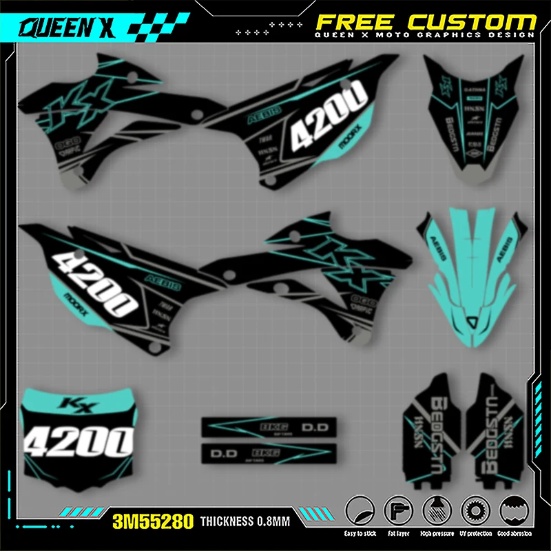 Queen X MOTOR مخصص فريق دراجة نارية الرسومات خلفية ملصقات مصورة أطقم لكاواساكي KX85 100 2014-2021 003