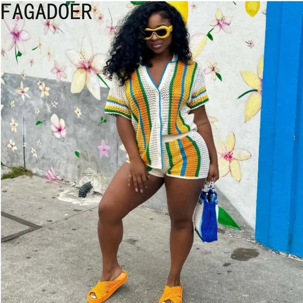 FAGADOER Knit Striped Women\'s Set Cardigan and Straight Pants Loose Suits 2024 Baddie See Through Vacation 2 Piece Sets Outfits