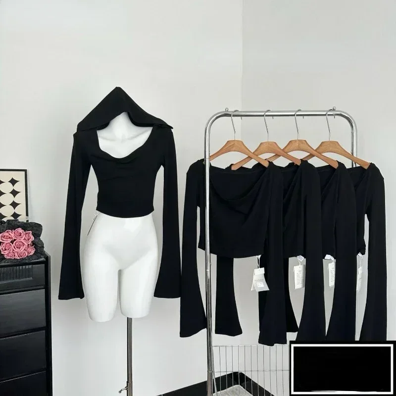 Gothic Black Tshirts for Women Y2k Crop Tops Shirts 2024 Summer Hooded Long Sleeve Tees Korean Fashion Casual Sexy T Shirt New