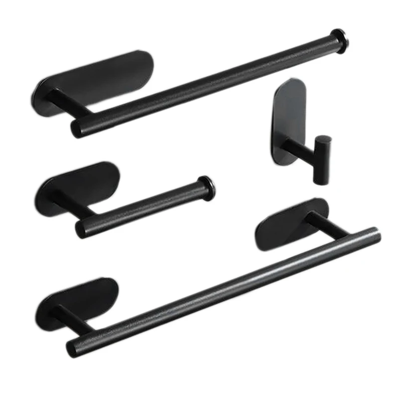 Self Adhesive Towel Bar Black Stick On Bath Towel Rack No Drill Stainless Steel Towel Holder Bathroom Accessories