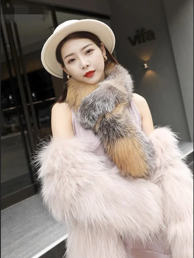 

Winter 100% Luxury Real Fox Fur Scarf Women Neck Warmer Fluffy Fashion Collar Decoarte Long SHawl