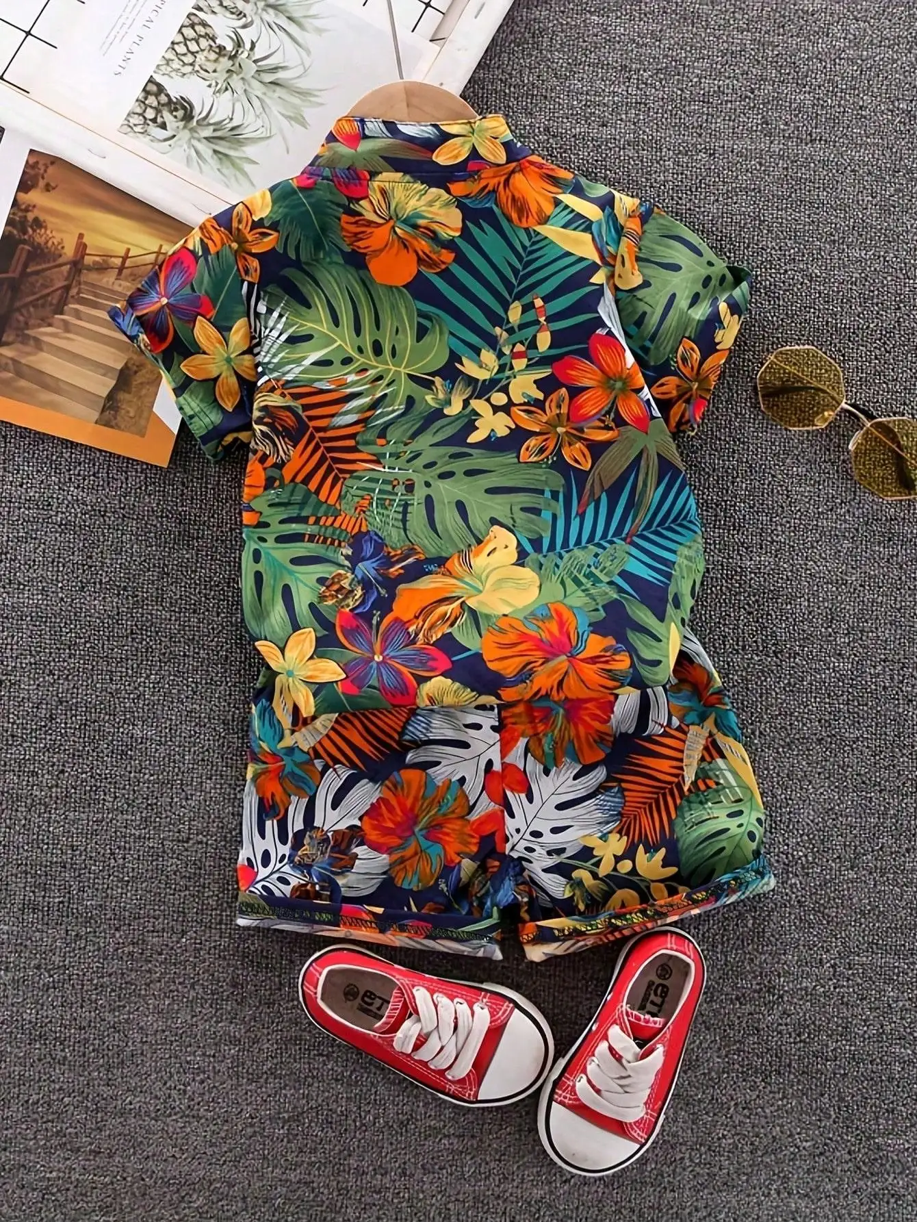 Children's summer full-print tropical leaf and flower stand collar short-sleeved shirt and shorts set