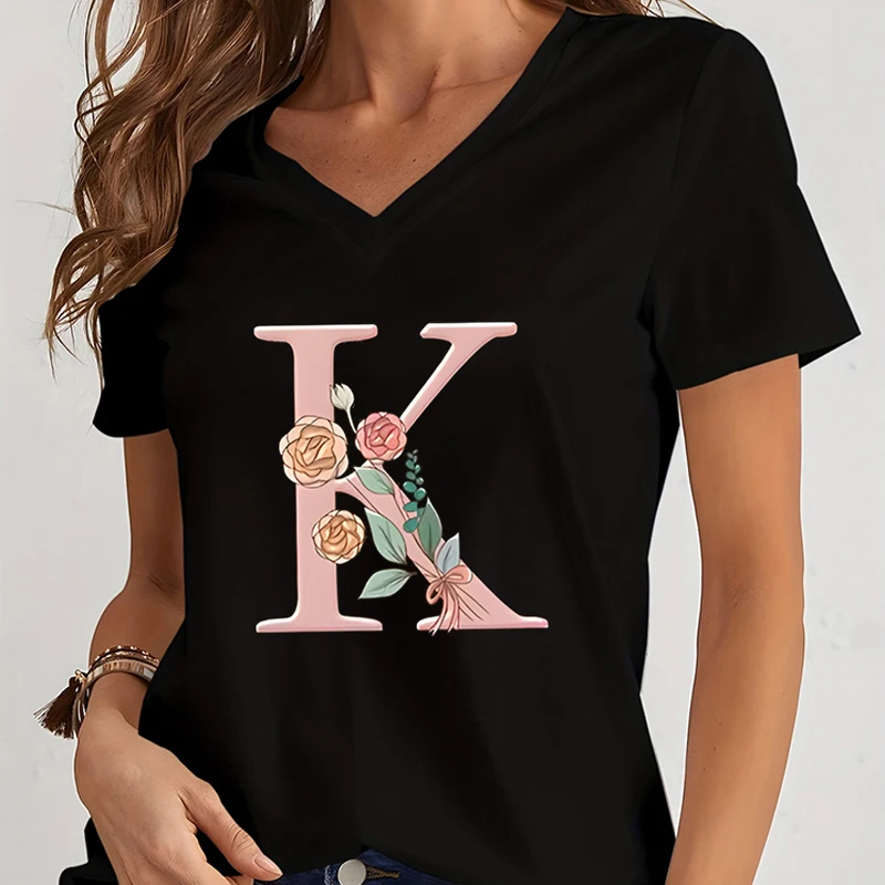 Cartoon Alphabet Flower Graphic Tee Women's Clothing Pink Flower Alphabet Gift T-shirt Female Vintage 26 Initials Flower T-shirt