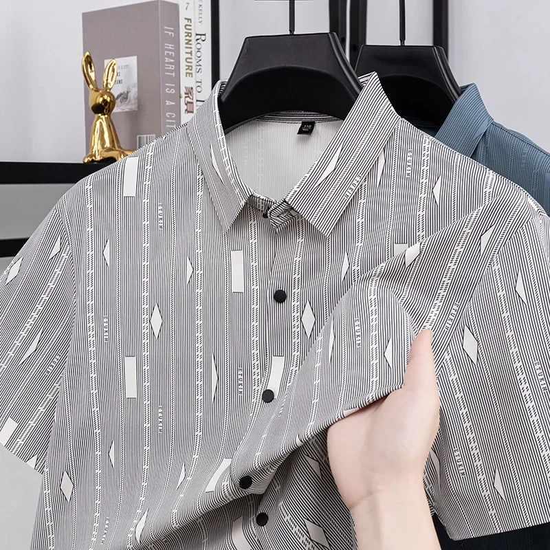 

Mens Rhombus Jacquard Short Sleeve Shirt Button Up Casual Business Lapel Collar Comfortable Fabric For Daily Work Wear