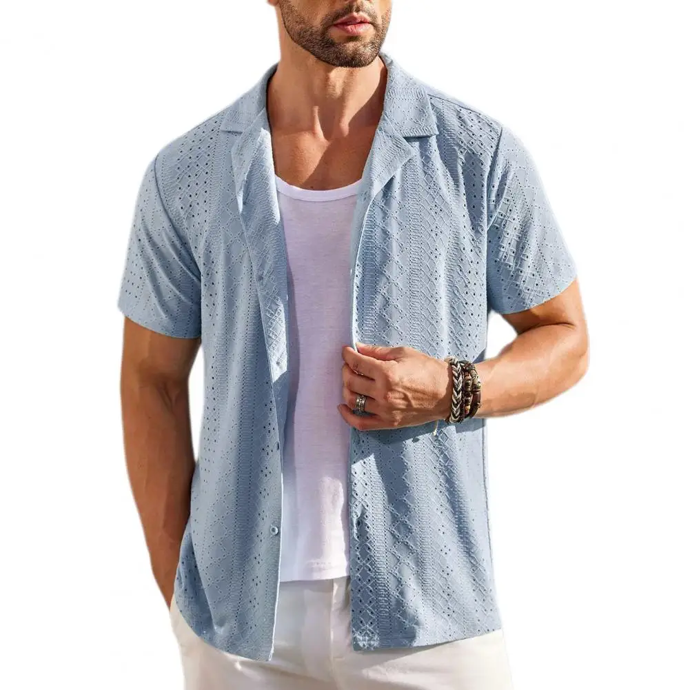 Men Loose Fit Beach Shirt Stylish Men's Hollow Out Summer Shirt with Turn-down Collar Breathable Buttons Loose Fit for Vacation