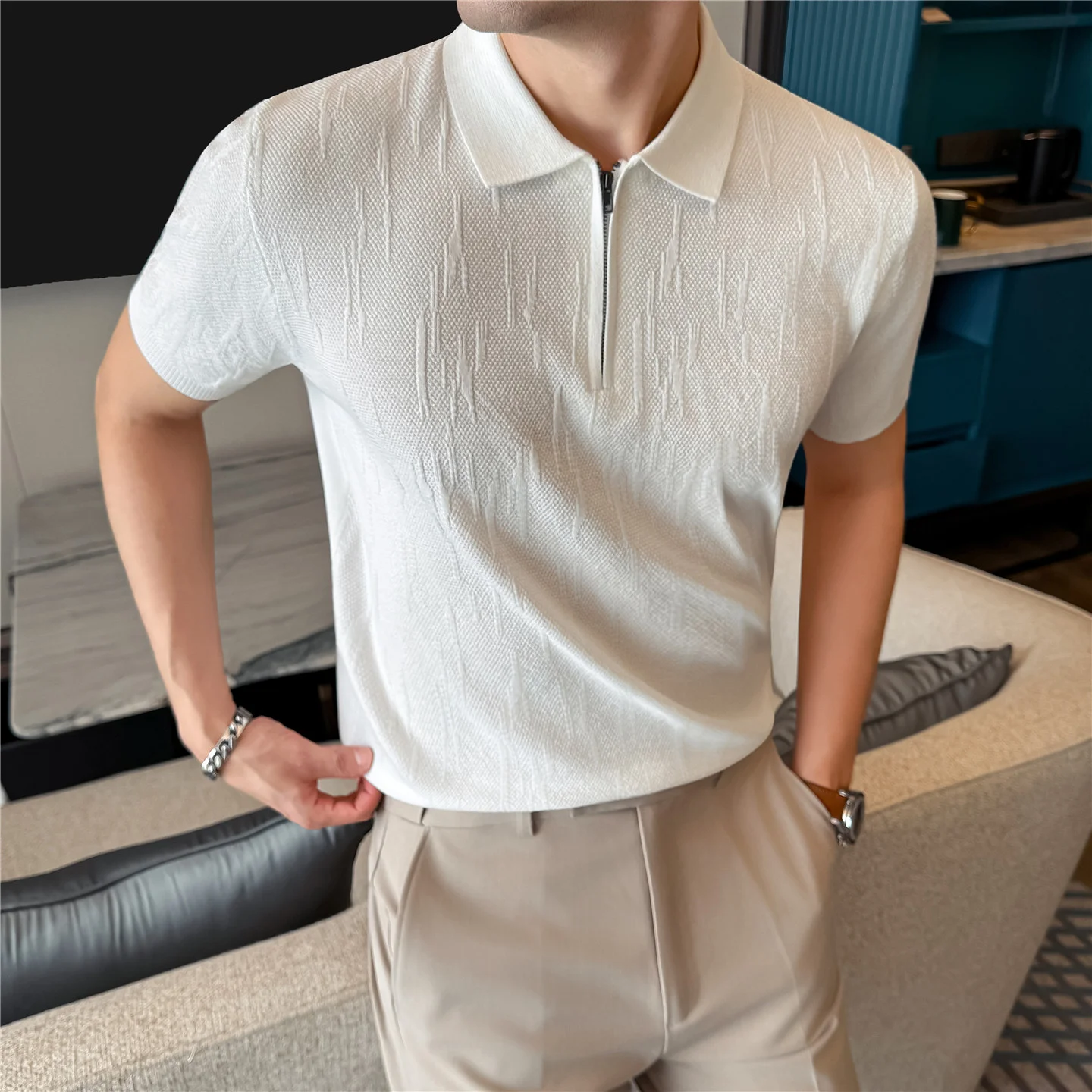 

Мужские трикотажные поло с коротким рукавом на молнии до середины груди, текстурированные, летние, 2026, новые, люксовые, деловые повседневные, трикотажные футболки-топы
