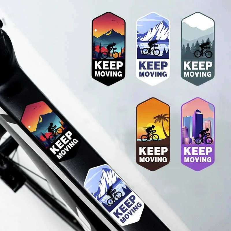 2Pcs Keep Moving Mountain Bike Vinyl Sticker, Waterproof Hexagon Decal with Mountain & City Skyline Design