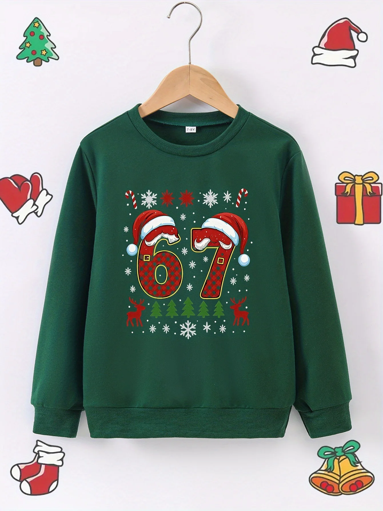 Unisex Kids Christmas 67 Sweatshirt - Festive Santa Hat Reindeer Snowflake Holiday Crewneck Green Xmas Pullover