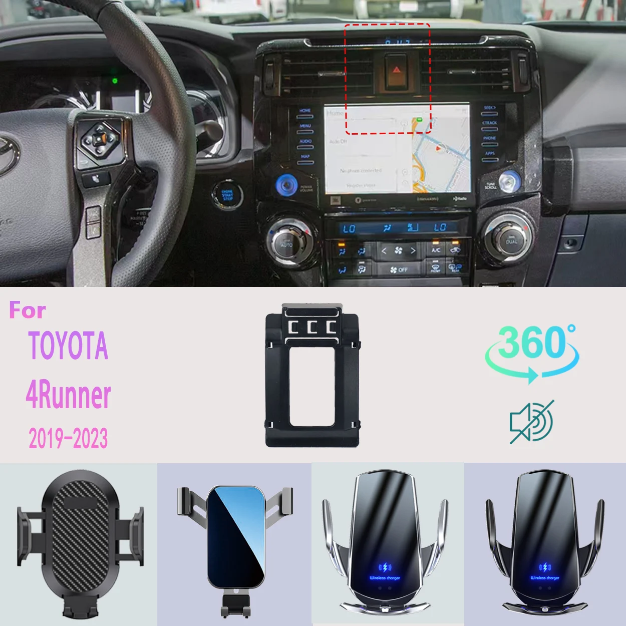 Car Phone Holder For Toyota 4Runner 2019 2020-2023 Mobile Phone Support Car Mounts Wireless Charging Accessories 360° degrees